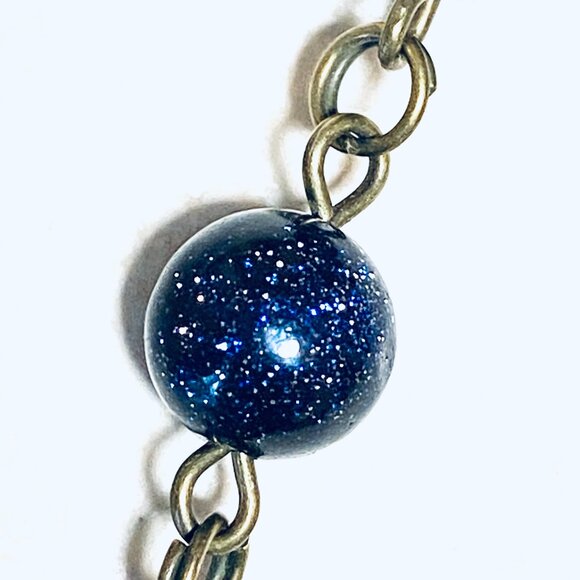 Dark Blue Goldstone Bronze Link Adjustable Short Necklace w/ Fortune Cat Charm - Picture 10 of 15